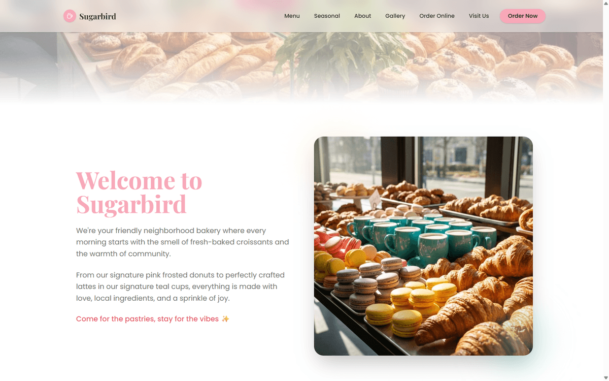 Bakery neighborhood story and about page — Sugarbird