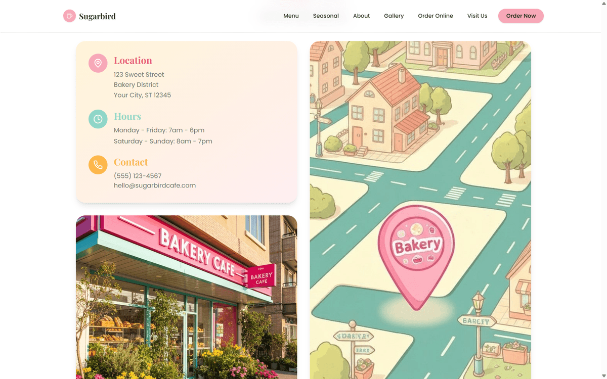 Bakery location and contact hub — hours, map, directions
