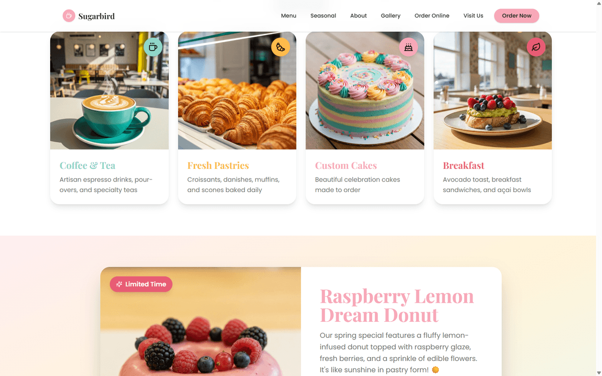 Bakery menu categories — coffee, pastries, breakfast, featured favorites