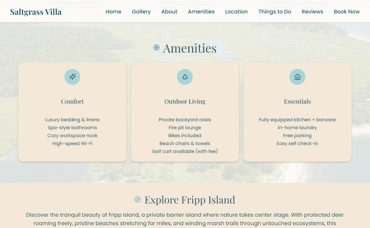 Saltgrass Villa — Amenities (Comfort, Outdoor Living, Essentials) and Explore Fripp Island