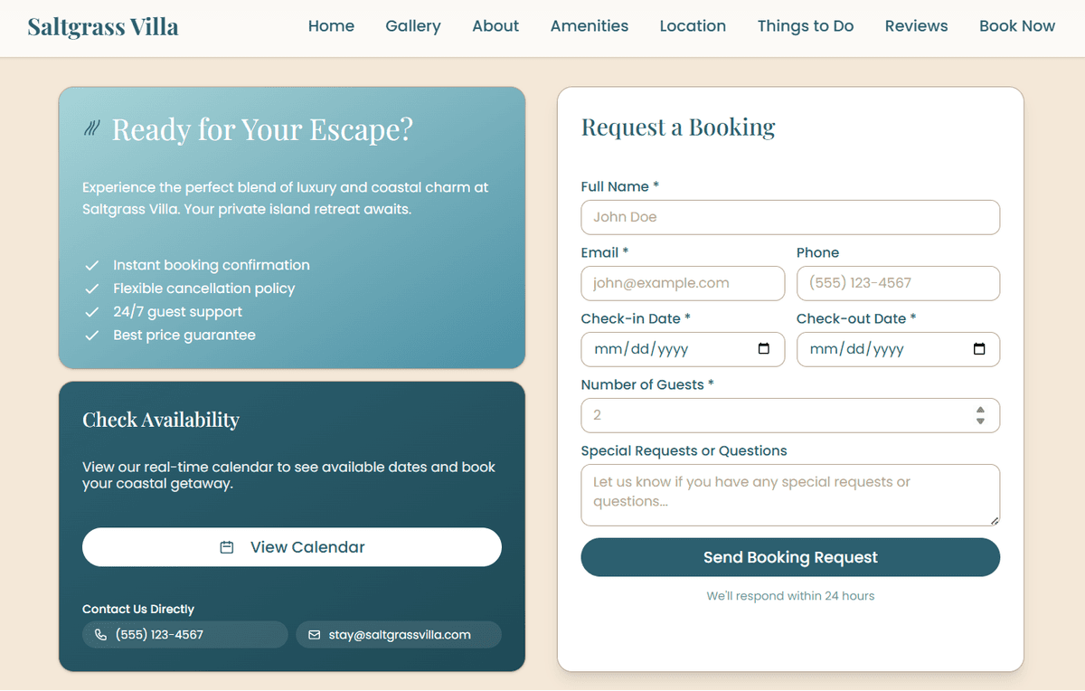 Saltgrass Villa — Ready for Your Escape booking form with Check Availability calendar