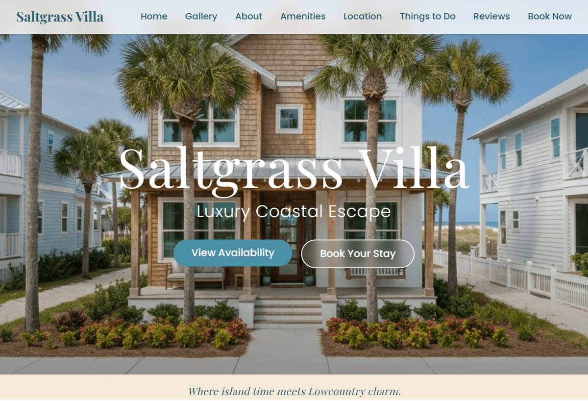 Saltgrass Villa hero — Luxury Coastal Escape with View Availability and Book Your Stay CTAs
