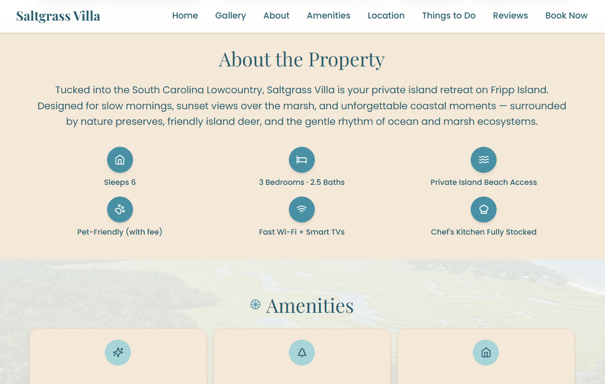 Saltgrass Villa — About the Property with Sleeps 6, bedrooms, beach access icons
