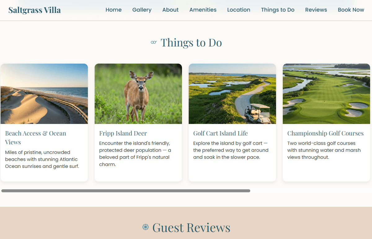 Saltgrass Villa — Things to Do activity grid with beach, deer, golf cart, championship golf