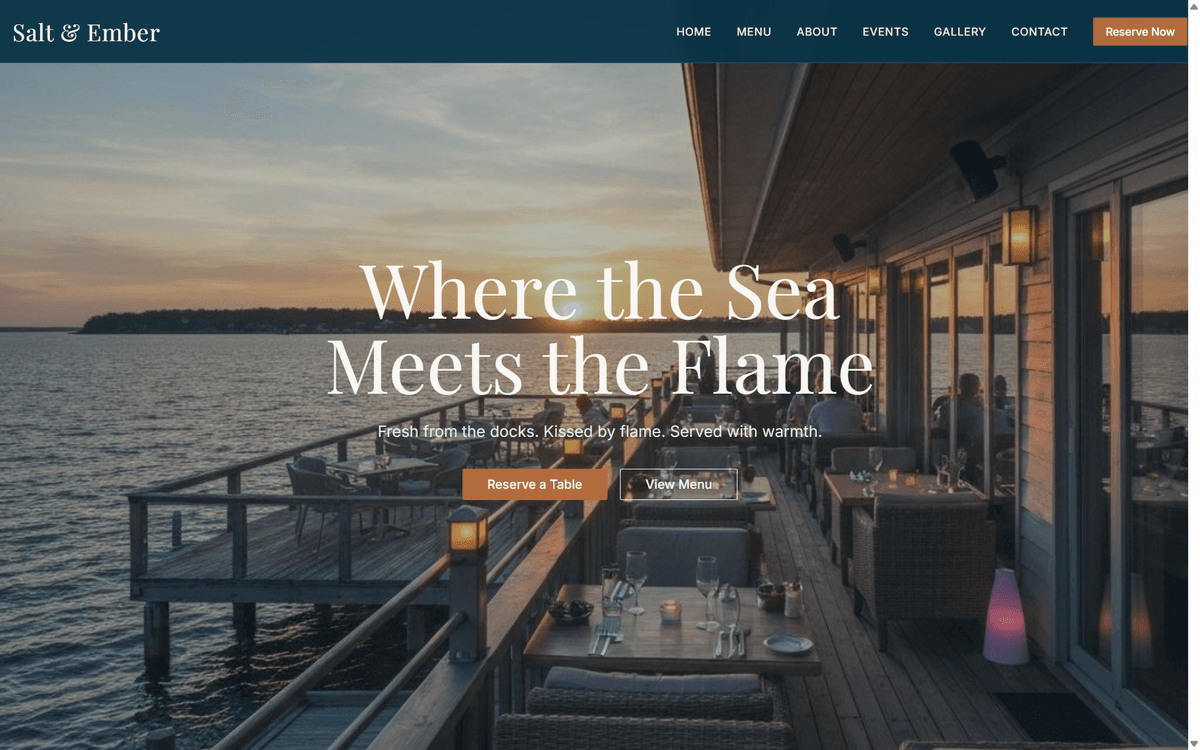 Restaurant hero website — Where the Sea Meets the Flame