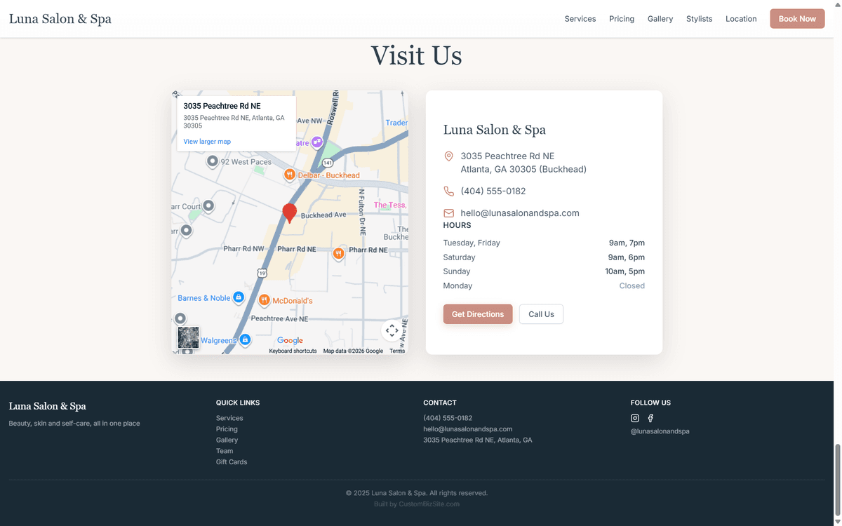 Luna Salon & Spa — Visit Us map, hours, and contact footer
