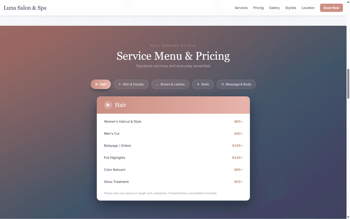 Luna Salon & Spa — Service Menu & Pricing tabbed price list