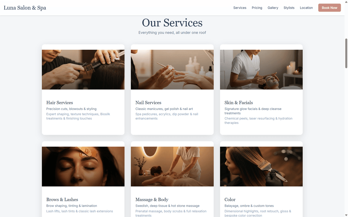 Luna Salon & Spa — Our Services category grid