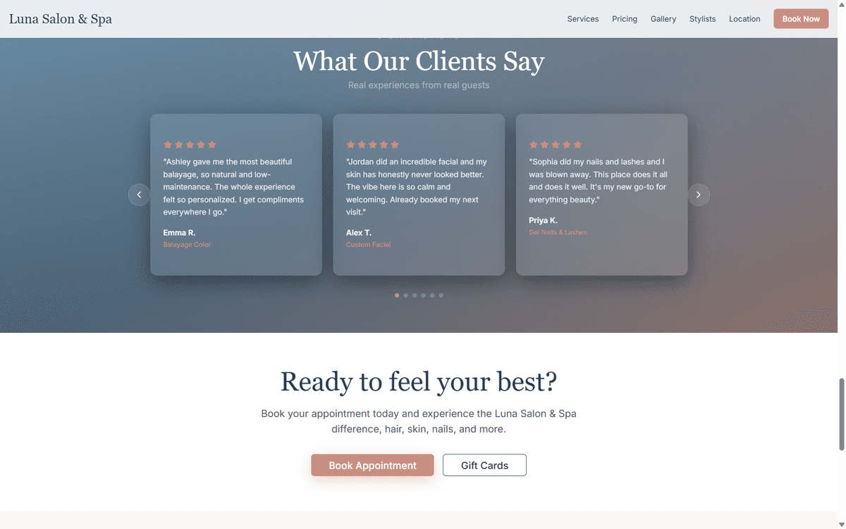 Luna Salon & Spa — What Our Clients Say testimonials and booking CTA