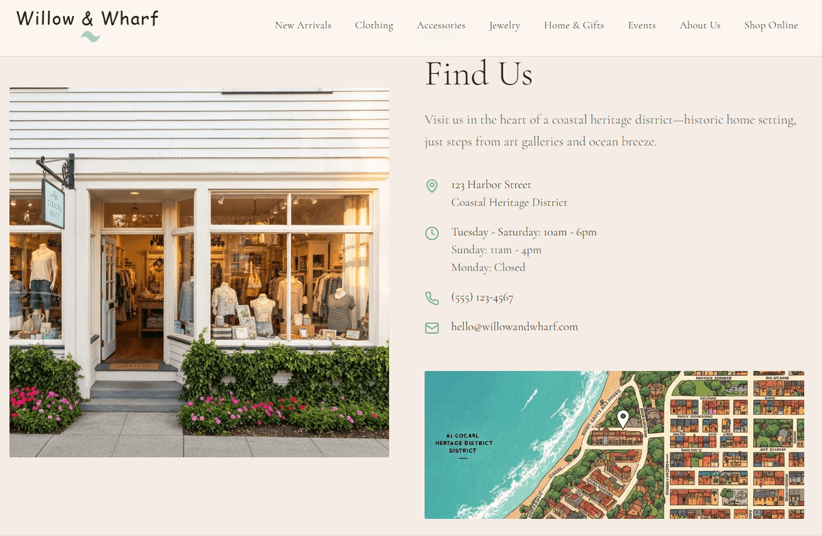 Retail location and contact — hours, map, and contact details for in-store visits