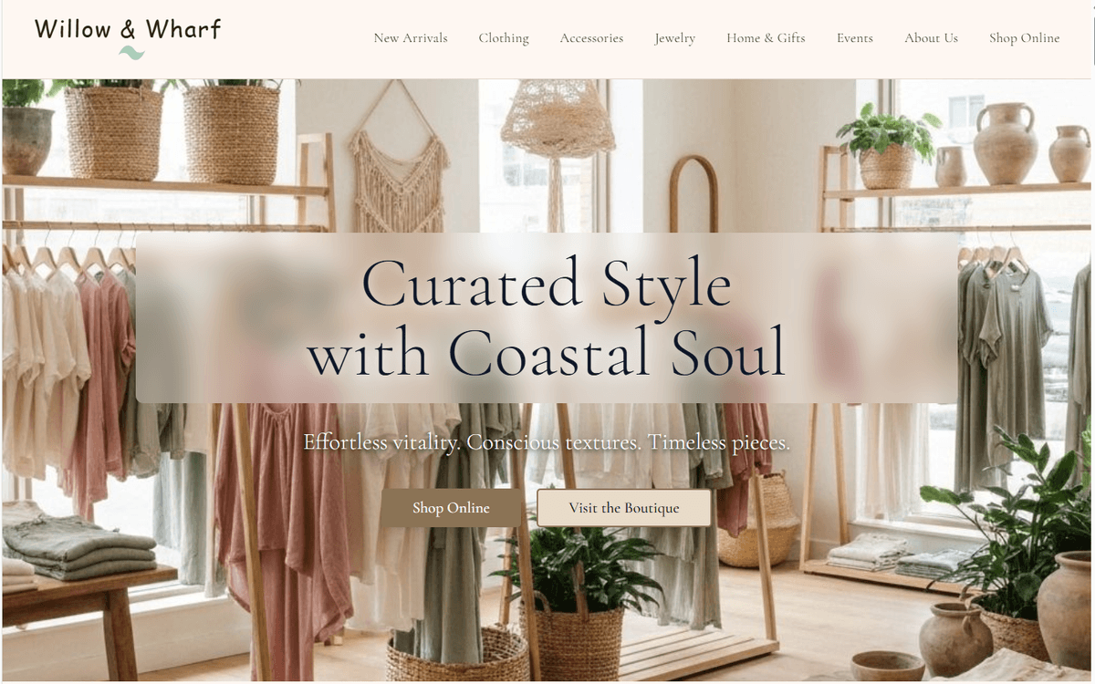 Retail storefront hero — inviting interior photography with shop online and visit in-store CTAs