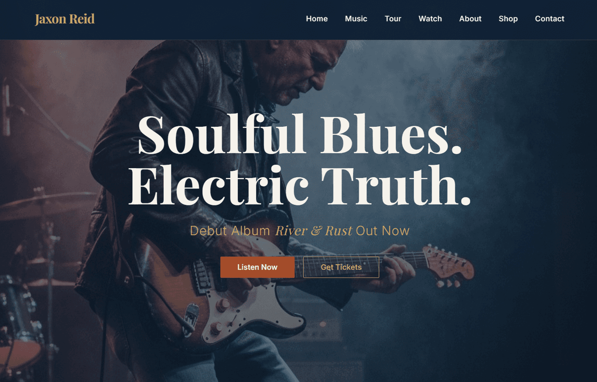 Musician website hero — streams, tickets, and bookings from the first visit