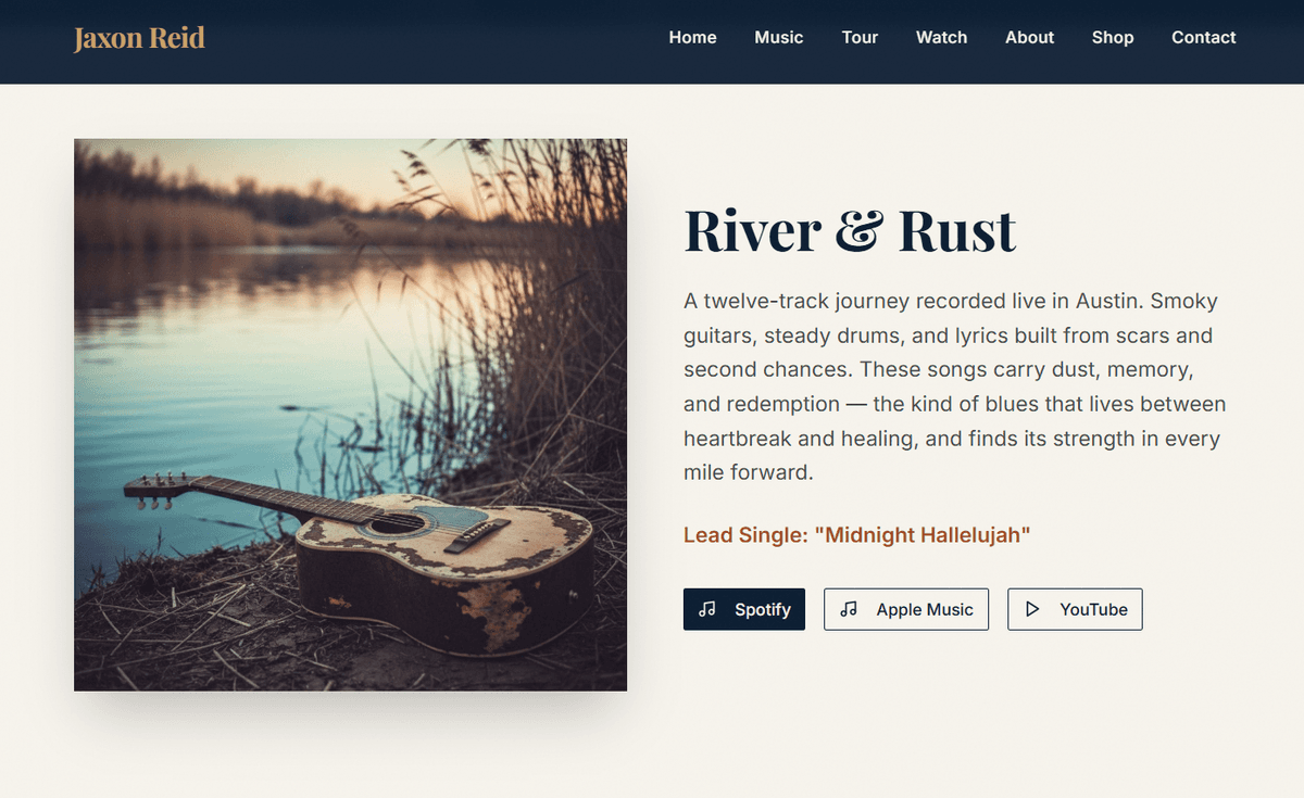 Musician new music section — latest release with direct streaming links