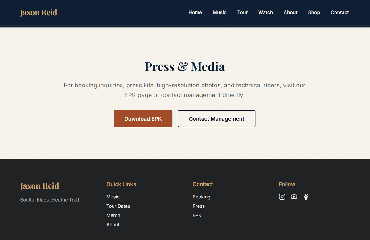 Musician press kit and EPK access — booking info and media assets for industry outreach
