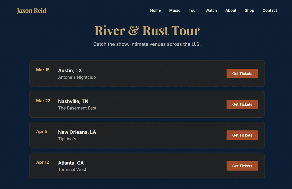 Band tour dates and ticketing — upcoming shows with per-event purchase CTAs