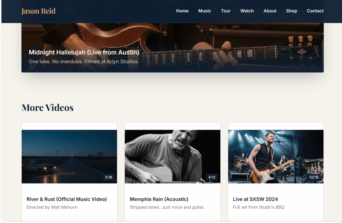 Musician video and media gallery — performance content organized for fan engagement