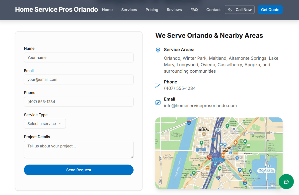 Contractor service area and contact — coverage map and contact form combined