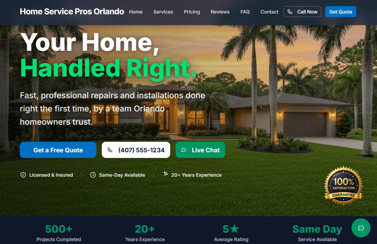 Contractor website hero — quote, call, and chat CTAs with trust badges and stats