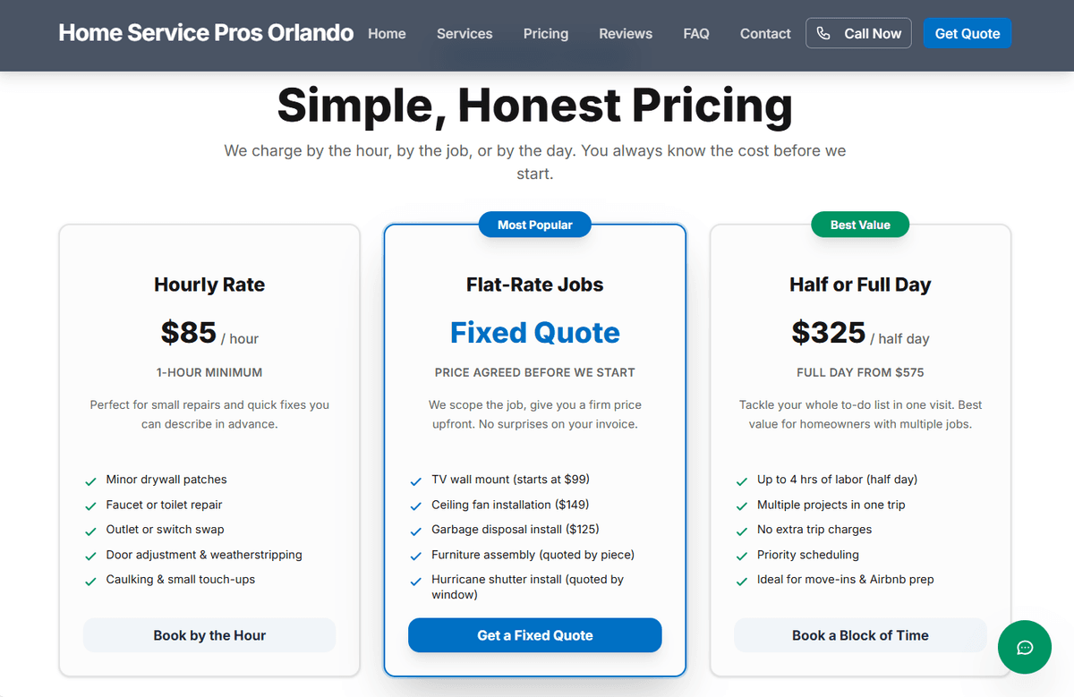 Contractor transparent pricing — hourly, fixed, and block rates with booking CTAs