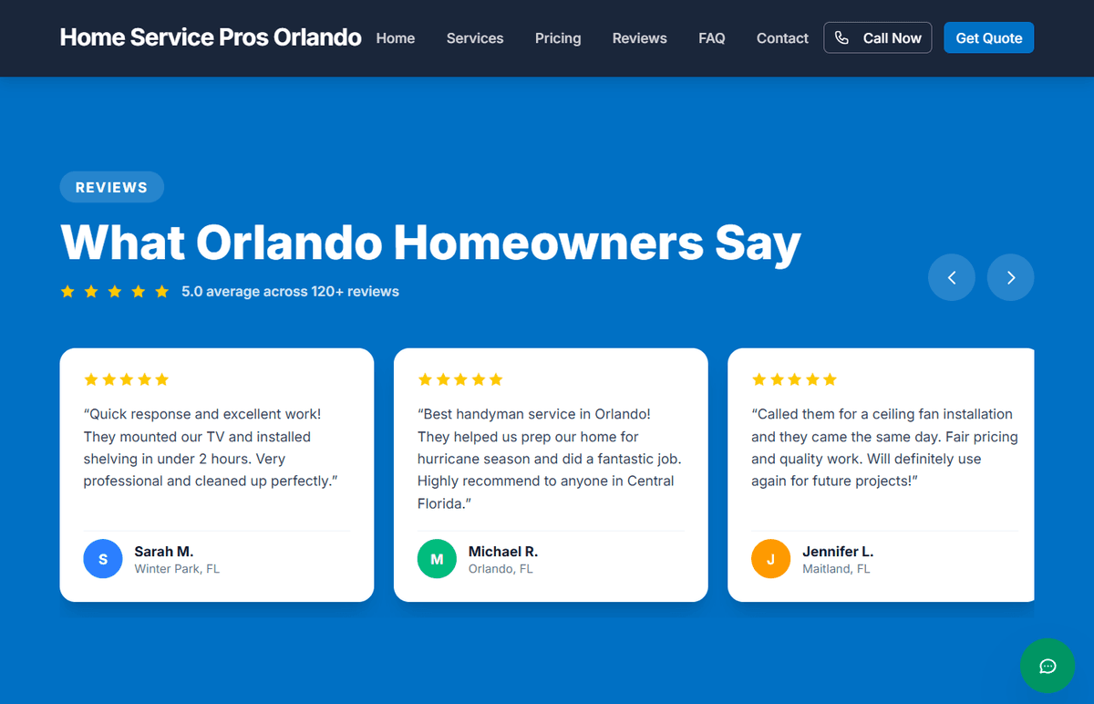 Contractor homeowner reviews — real testimonials at the decision-making moment