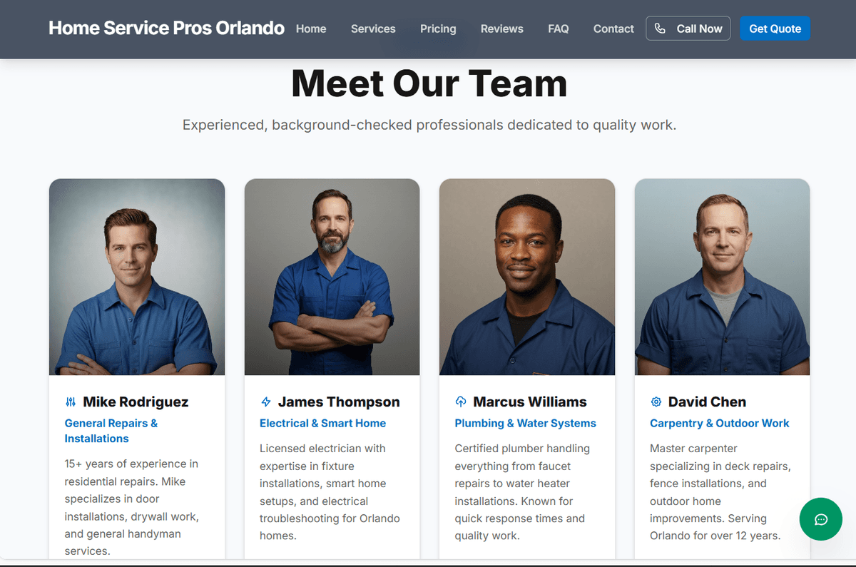 Contractor meet the team — staff photos and bios for in-home service trust