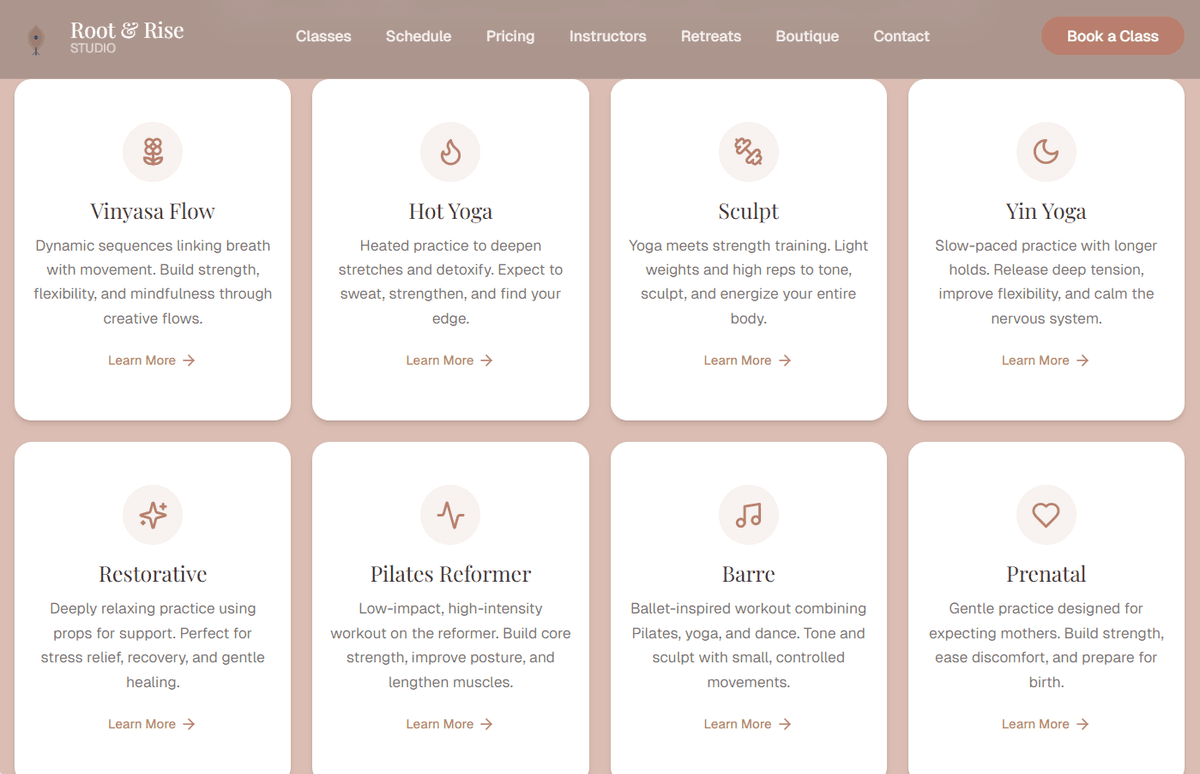 Fitness studio full class menu — every offering as scannable cards with learn more CTAs