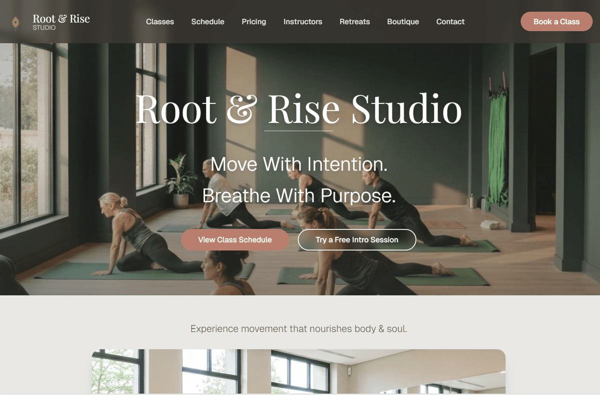 Fitness studio website hero — schedule access and free intro CTA with studio imagery