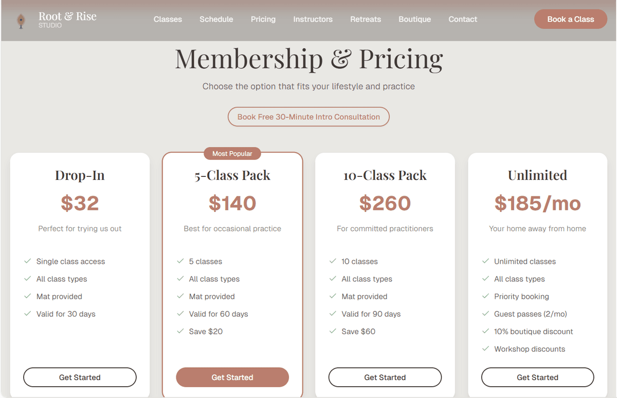 Fitness studio membership and pricing — drop-in to unlimited tiers with free intro CTA