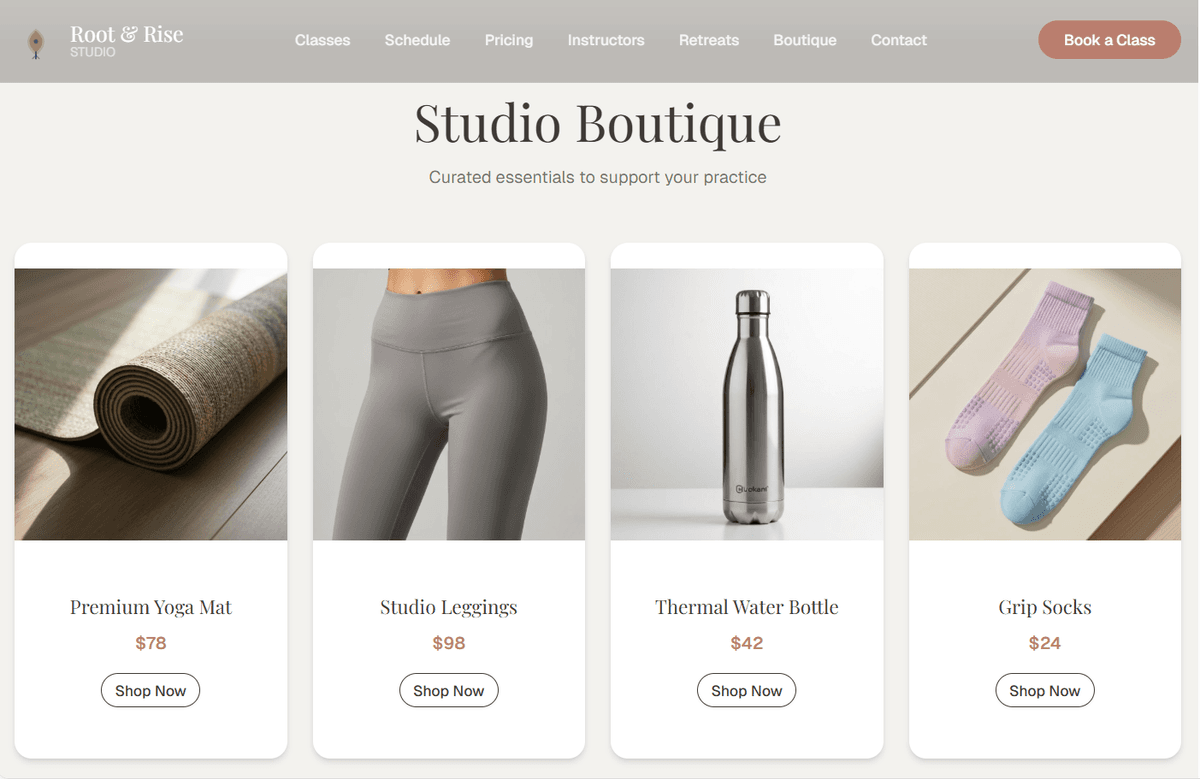 Fitness studio boutique — retail section for apparel and accessories