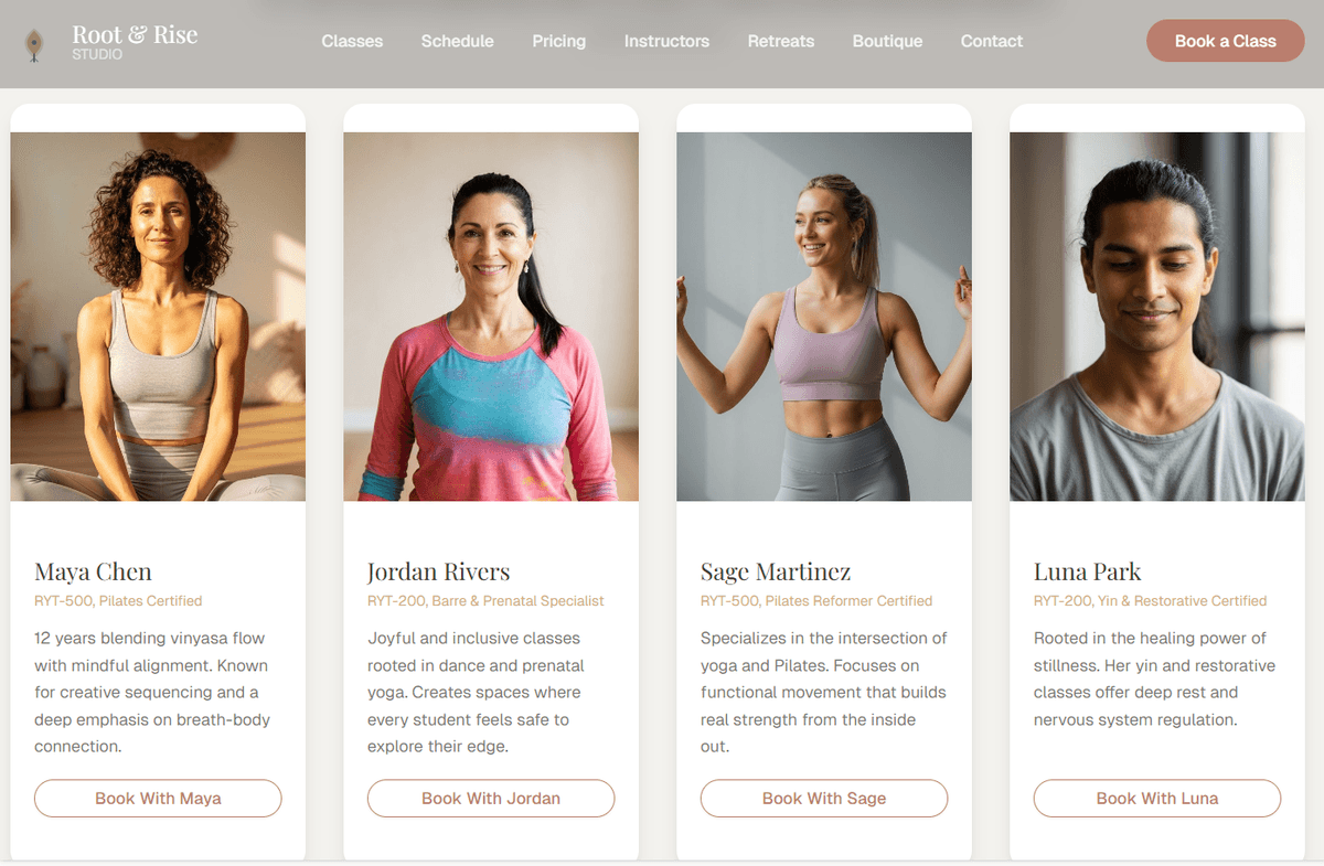 Fitness studio instructor profiles and booking — bios, certifications, and class booking buttons