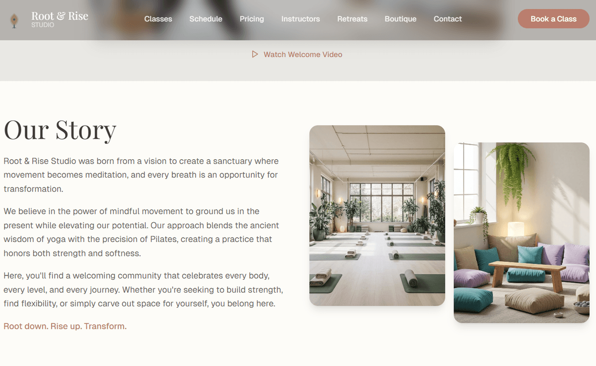 Fitness studio brand story and welcome video — mission content with embedded video