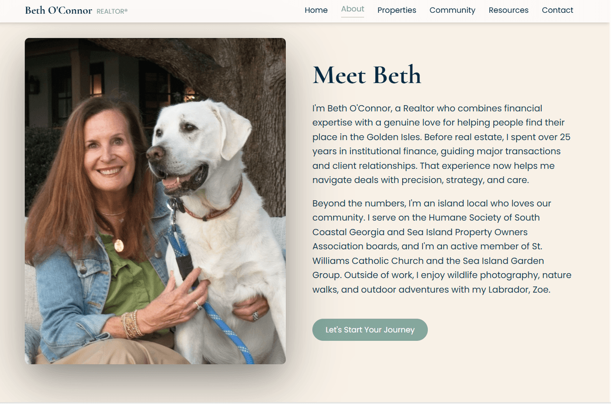 Realtor agent story and about — personal background with photography and next step CTA