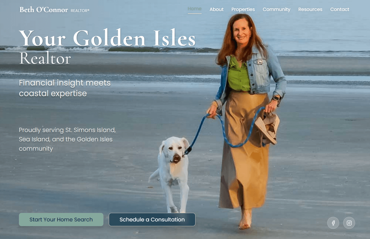 Realtor website hero — property search and consultation CTAs with personal agent imagery