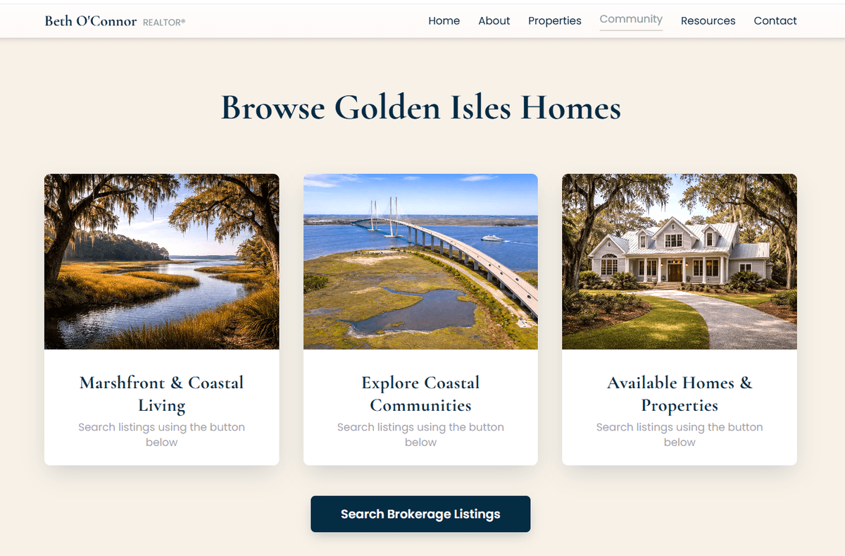 Realtor property search and IDX — listing cards with brokerage search and live MLS integration