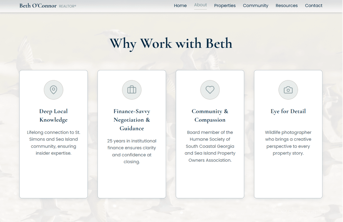 Realtor credibility and background — agent strengths as scannable cards that answer hesitation