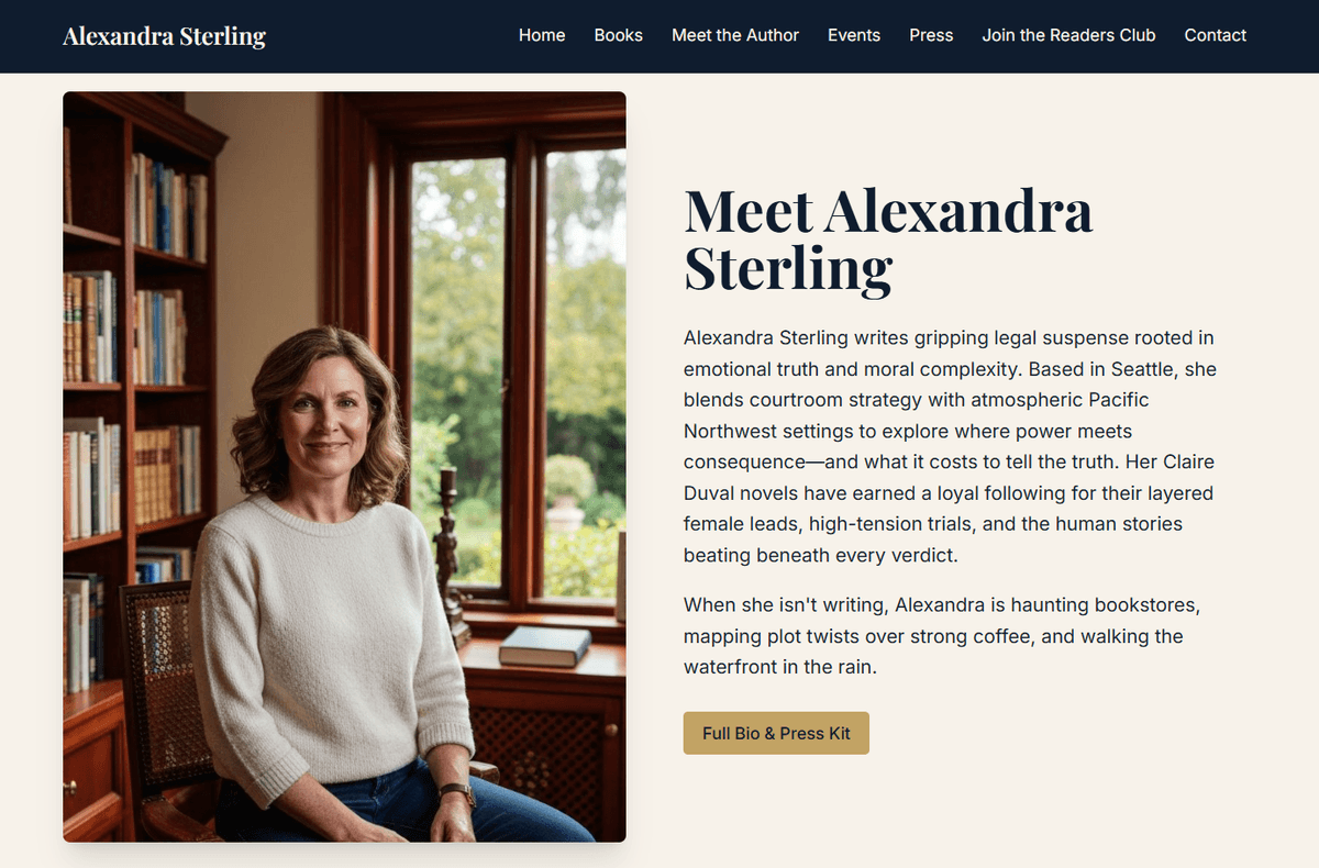 Author biography and press kit section — biography and downloadable press kit