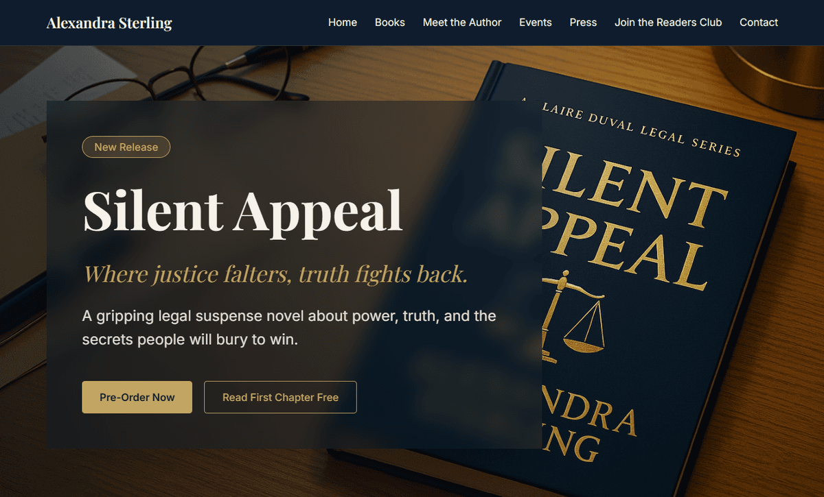 Author website new release hero — book cover with pre-order and sample CTAs