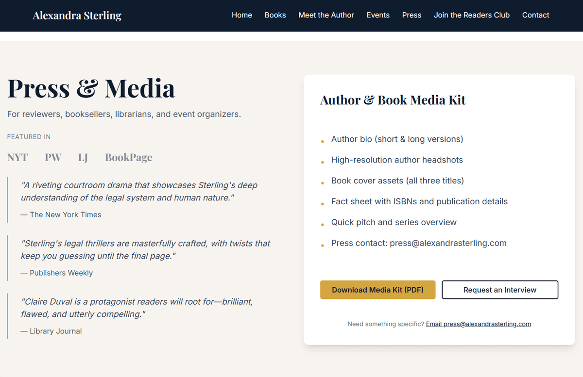 Author press and media kit — coverage mentions and downloadable kit with interview access