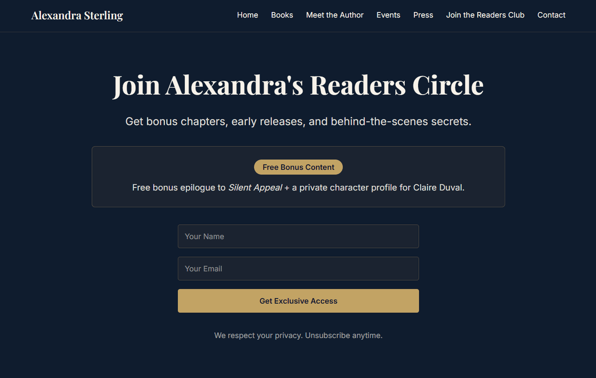 Reader community signup — bonus chapters and early releases for loyal subscribers