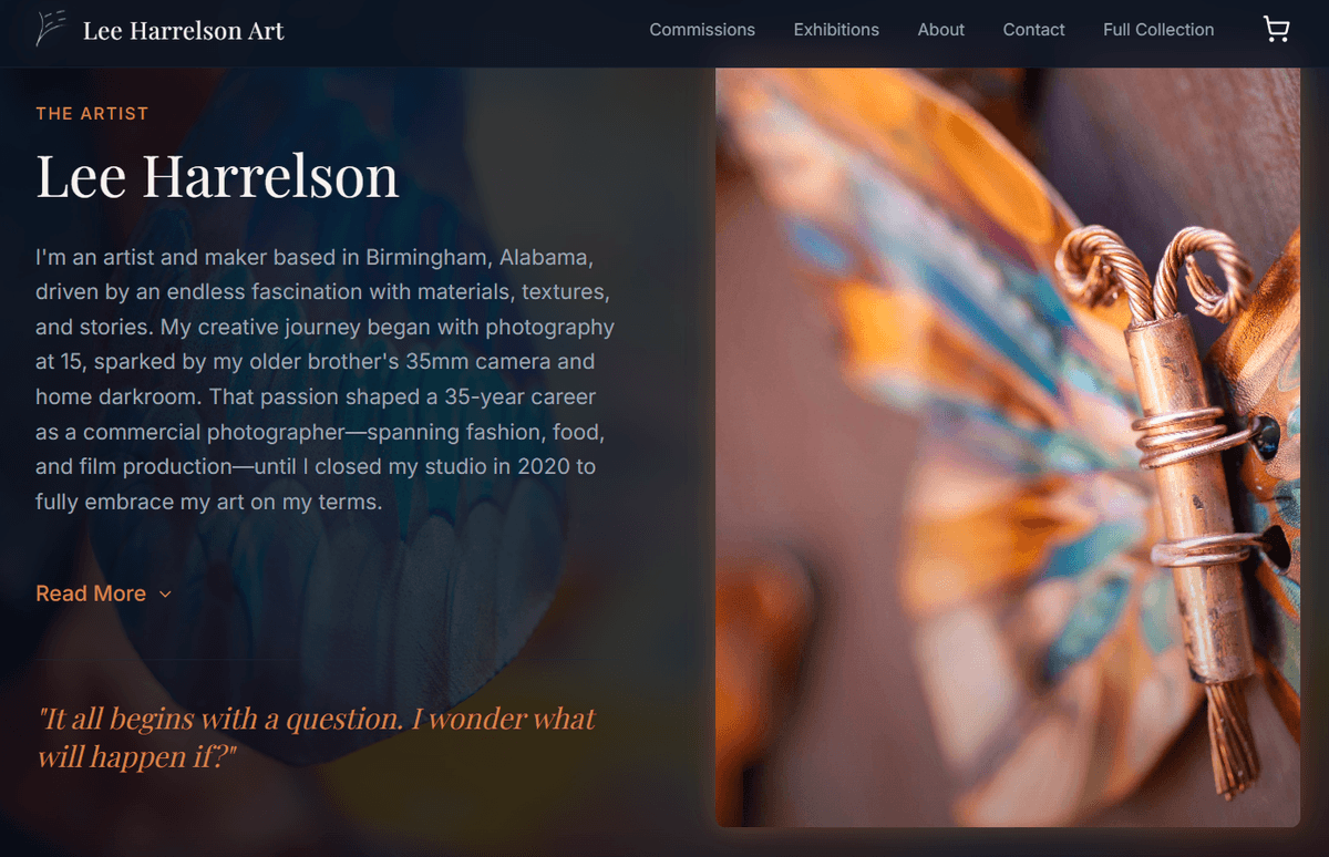 Artist story — personal story and quote paired with original artwork imagery