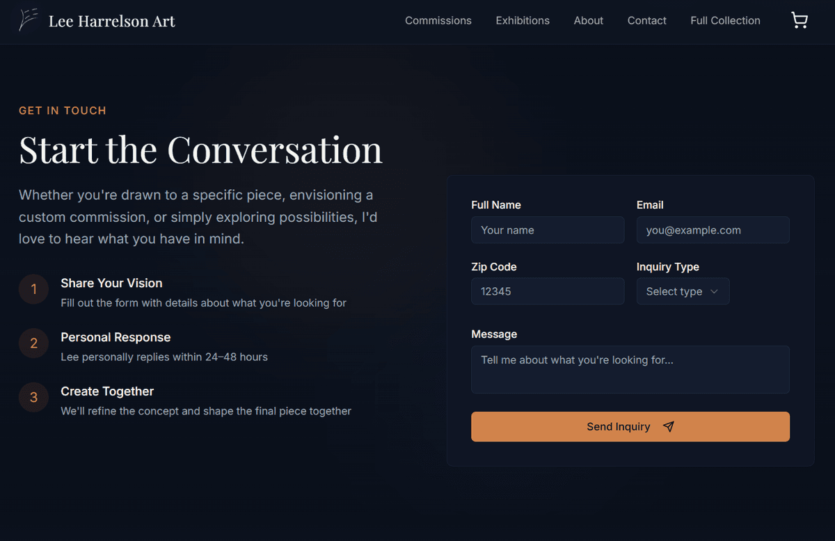 Artist commission and inquiry contact — direct outreach form for custom commission requests