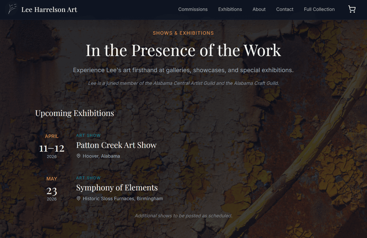 Artist exhibitions and appearances — upcoming and past show dates for collectors