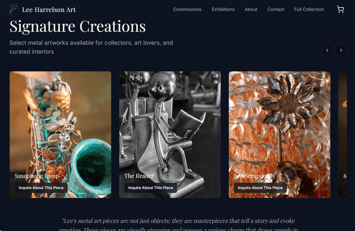 Artist signature creations gallery — individual pieces with inquiry and purchase options