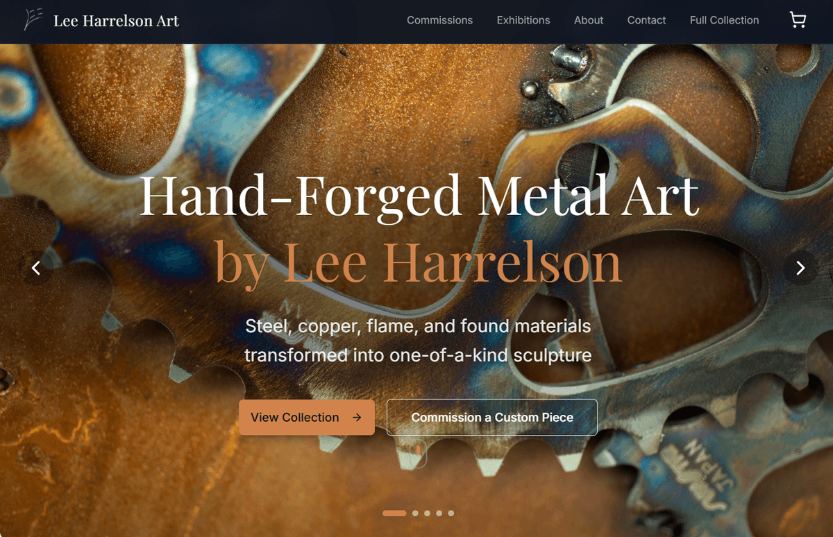 Artist website hero — signature work in a gallery with commission and collection CTAs