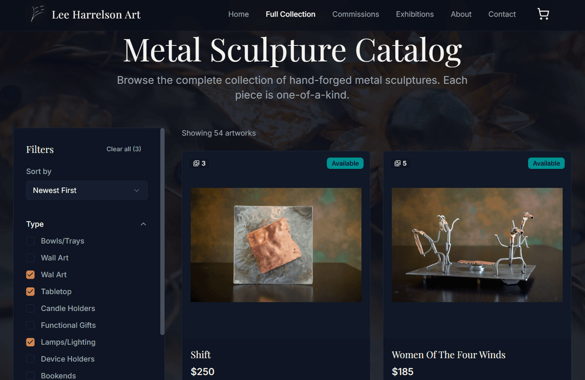 Artist shop with filters and checkout — categorized storefront built for art buyers