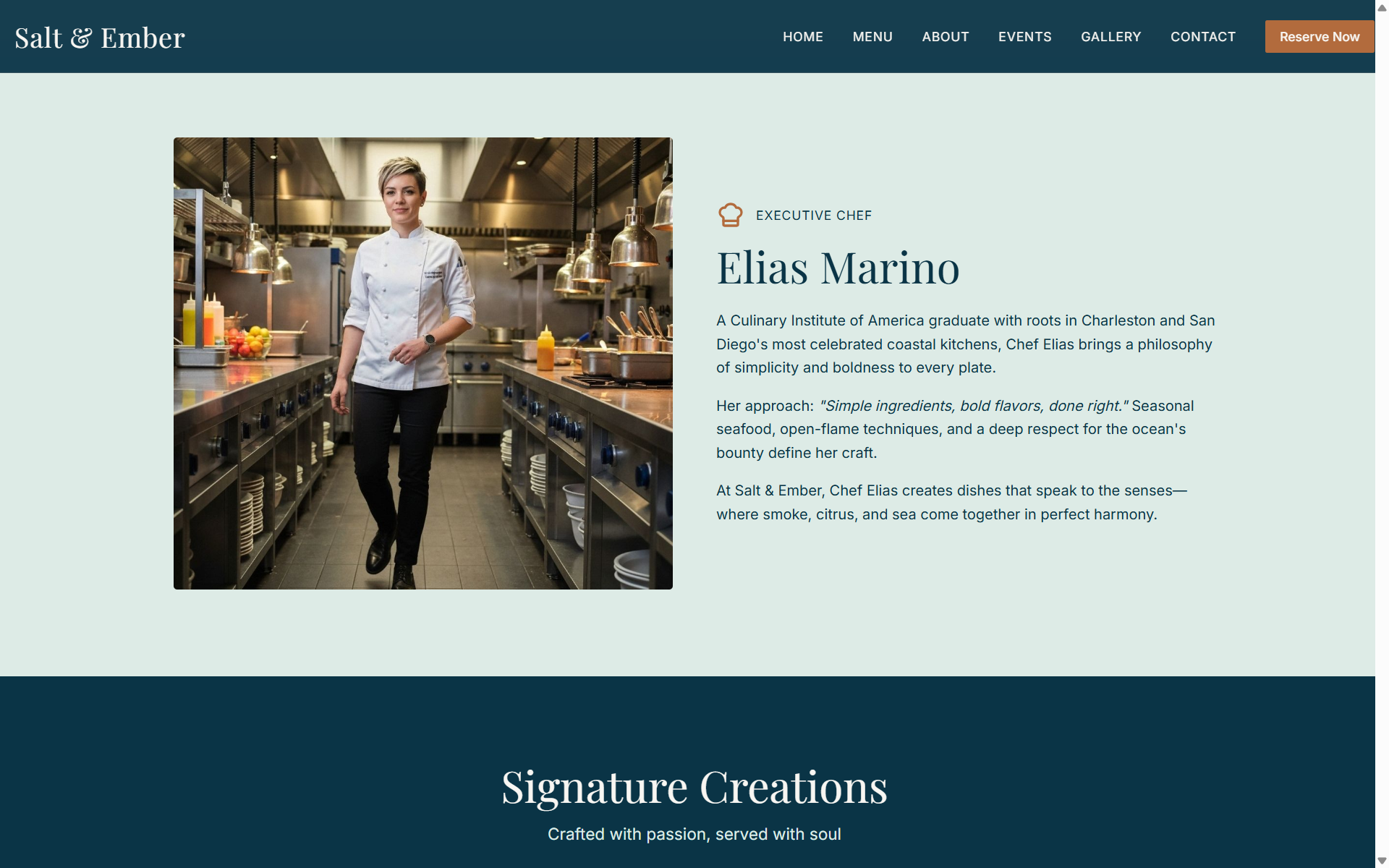 Chef story and brand identity page — Elias Marino